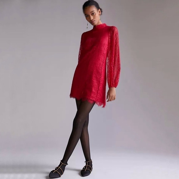 NWT Anthropologie Maeve Lace Open Back Mini Dress Raspberry Red 8 Medium - Picture 1 of 16